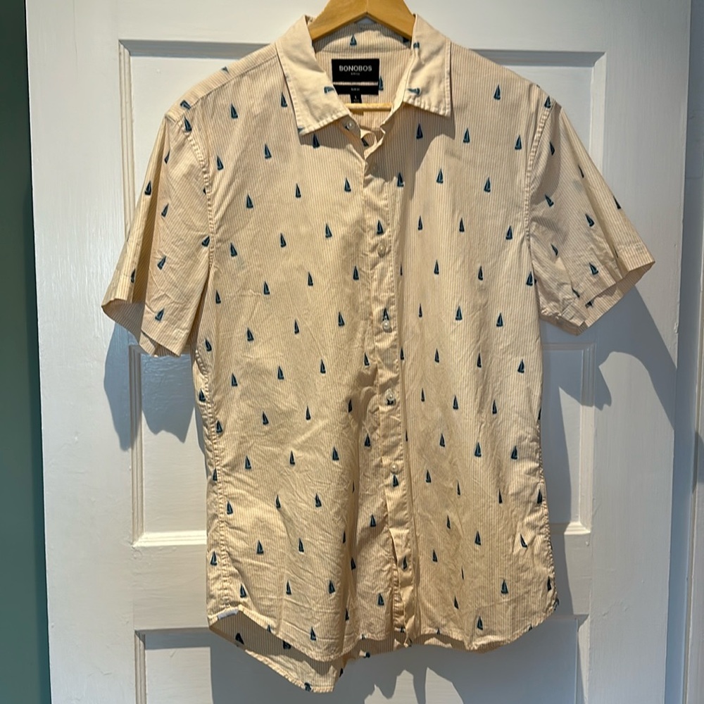 Bonobos Tan Shirt with Blue Pattern